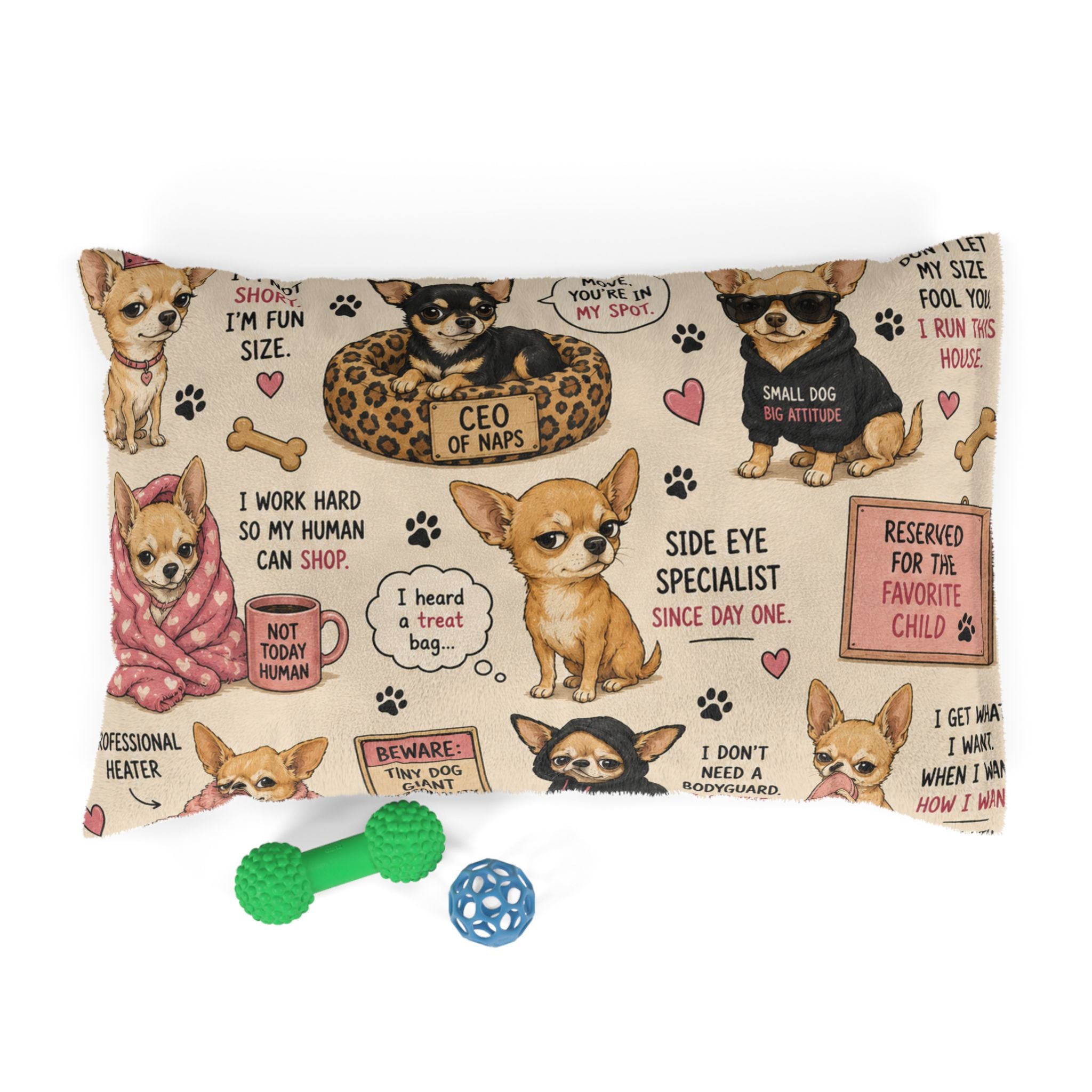 Chihuahua Pattern Pet Bed (girl) — Cute Quotes & Paw Print Cozy Dog Pillow