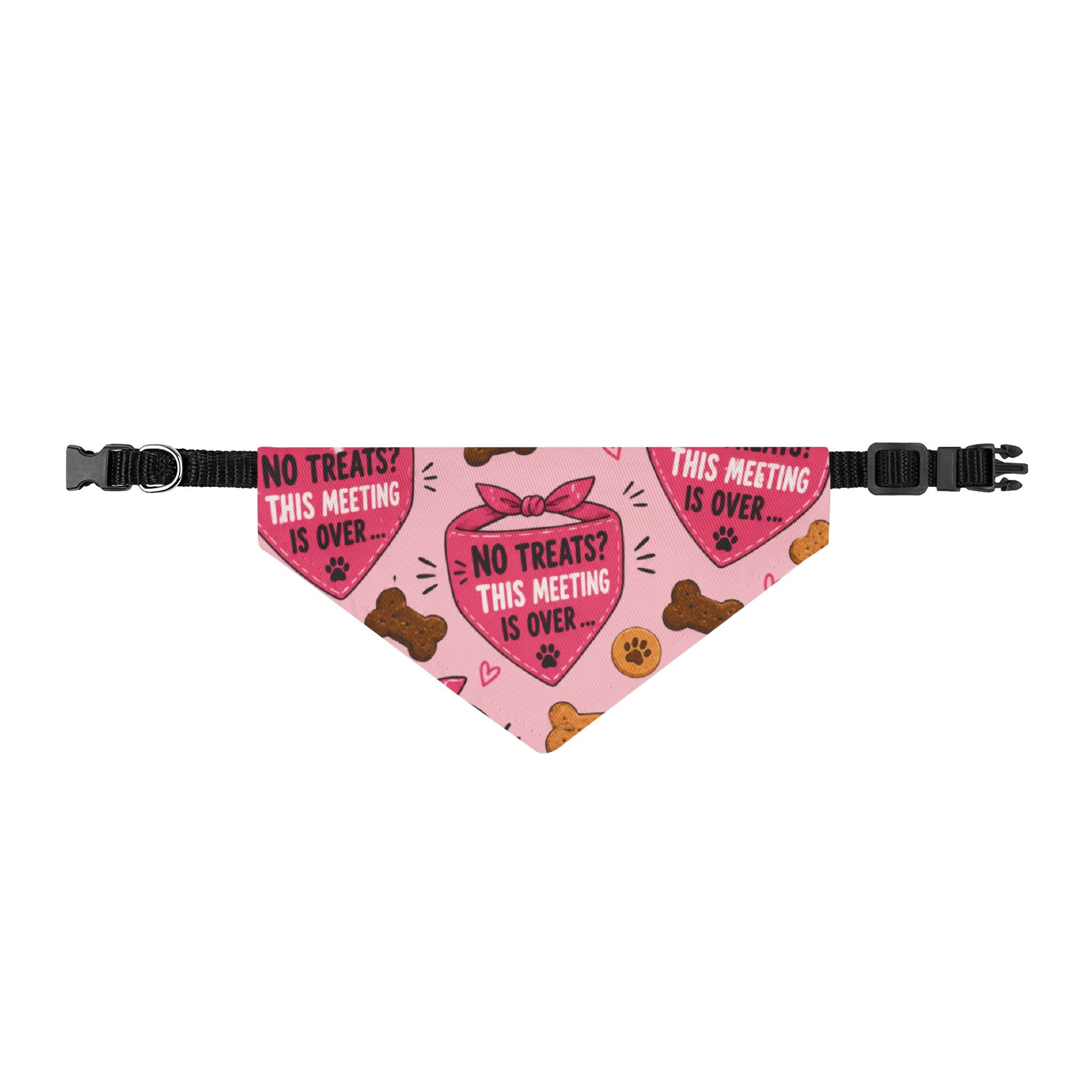 Clip-on Pet Bandana — "No Treats? This Meeting Is Over" Pink Heart Pattern for Dogs & Cats