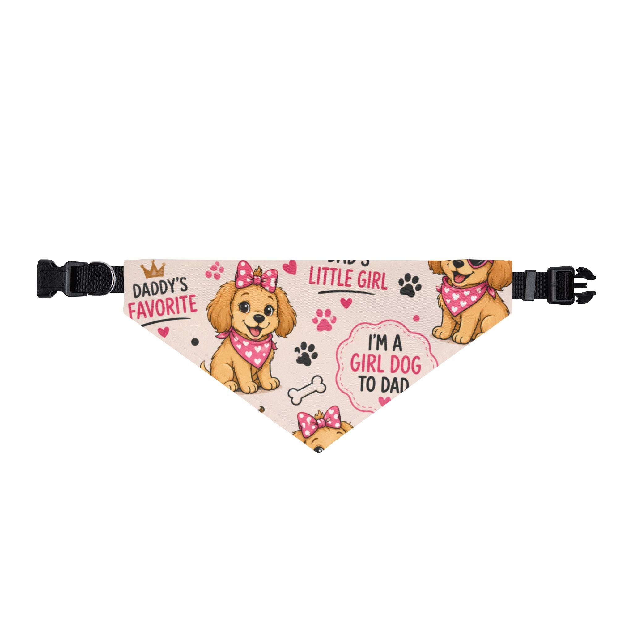 Clip-on Pet Bandana — "I'm a Girl Dog to Dad" Princess Dog Scarf (Pink Hearts)