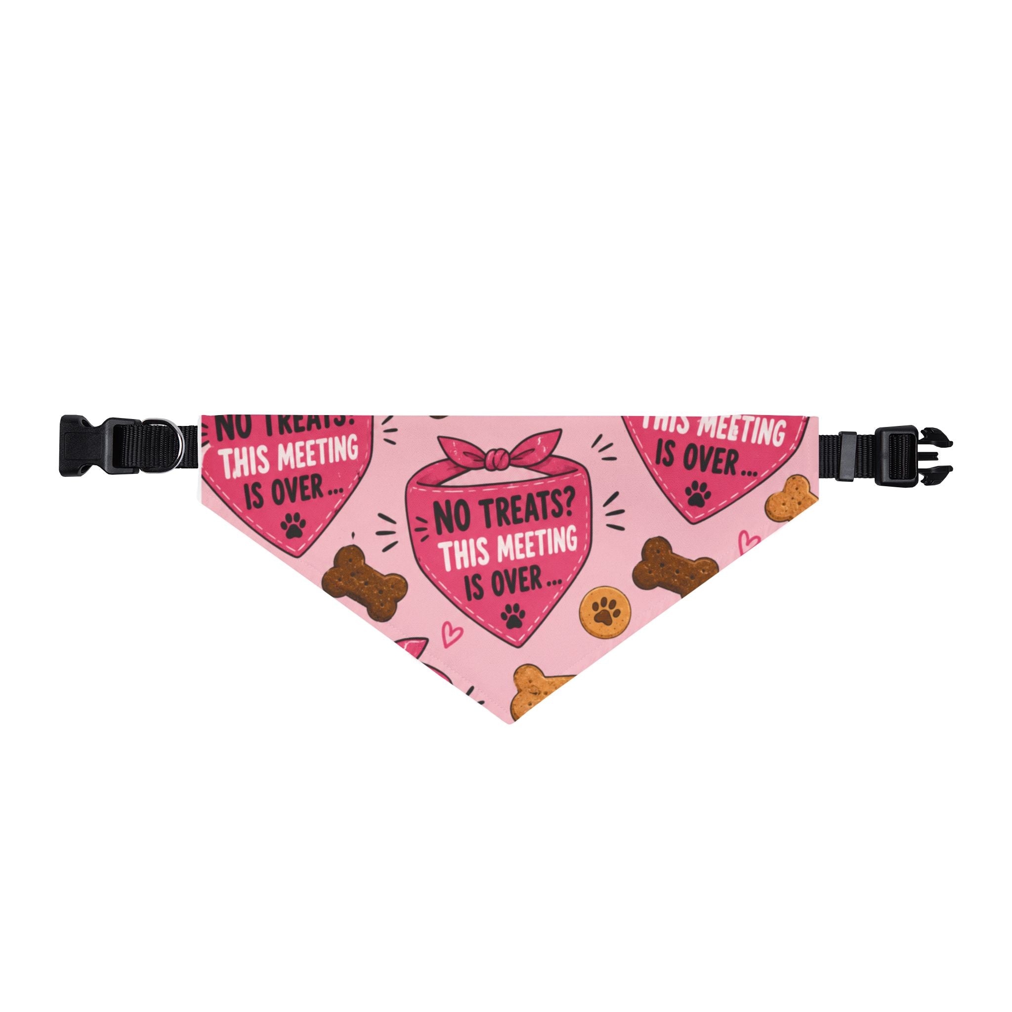 Clip-on Pet Bandana — "No Treats? This Meeting Is Over" Pink Heart Pattern for Dogs & Cats