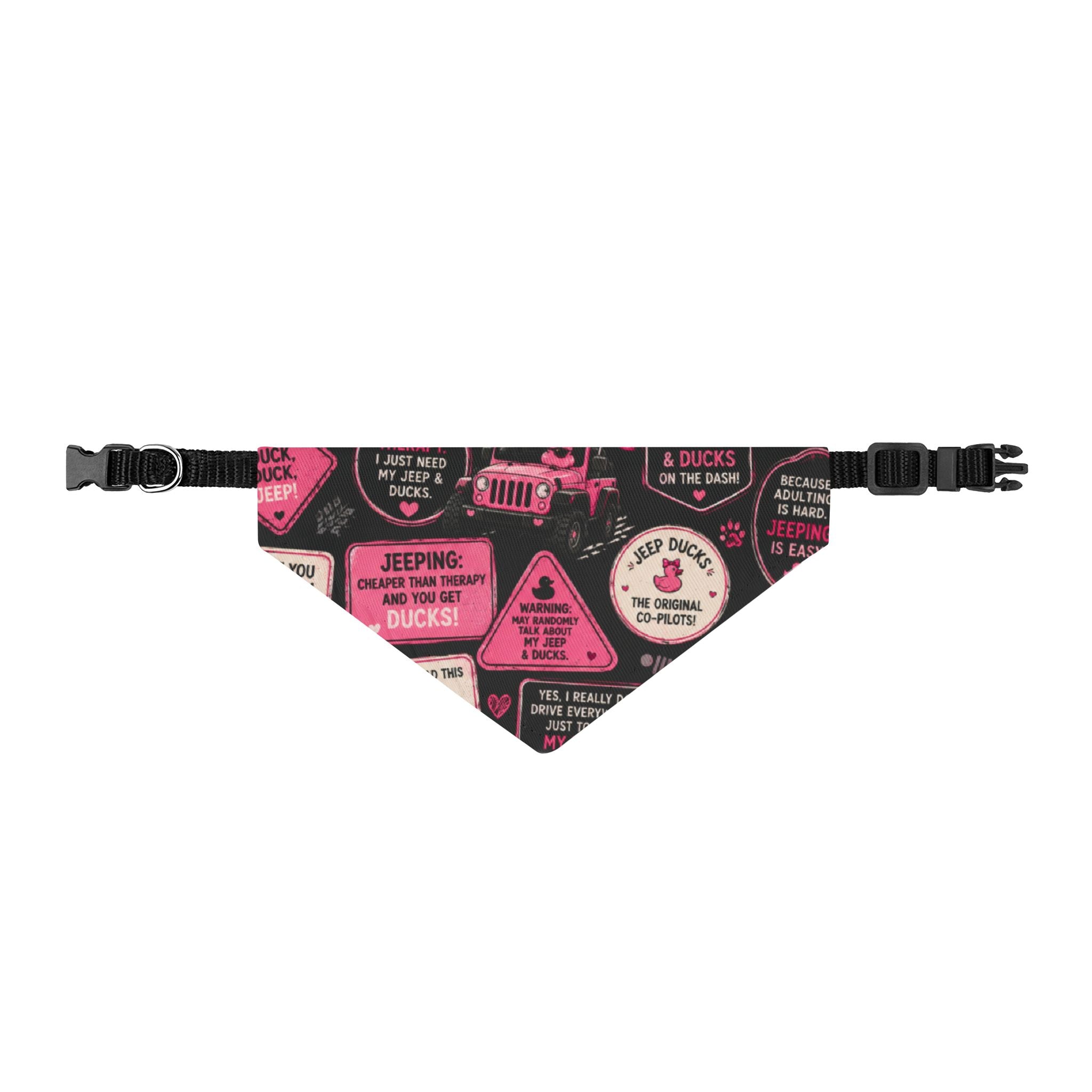 Clip-On Pet Bandana — Pink Jeeping Badges Pattern