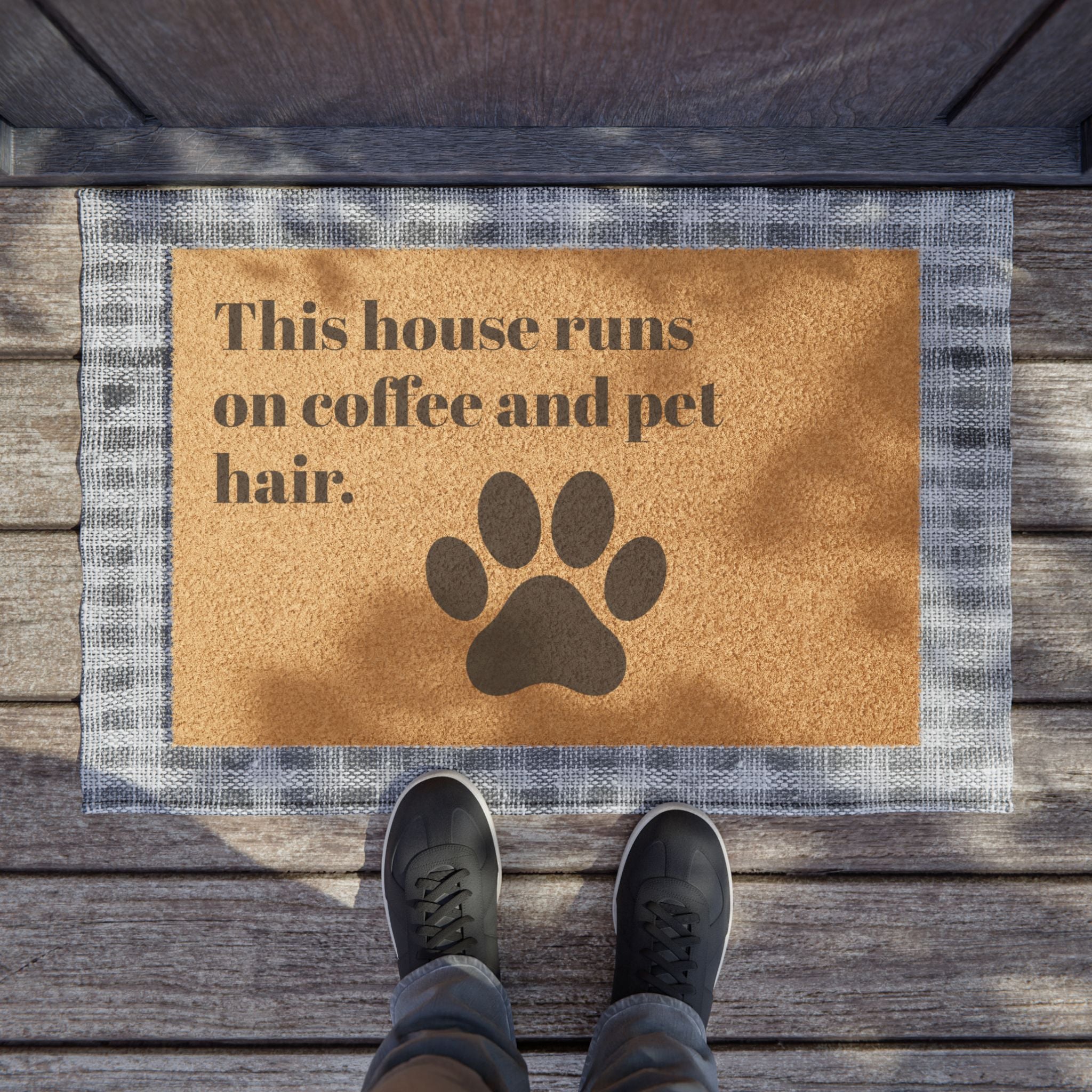 Doormat — "This House Runs on Coffee and Pet Hair" Paw Print Welcome Mat