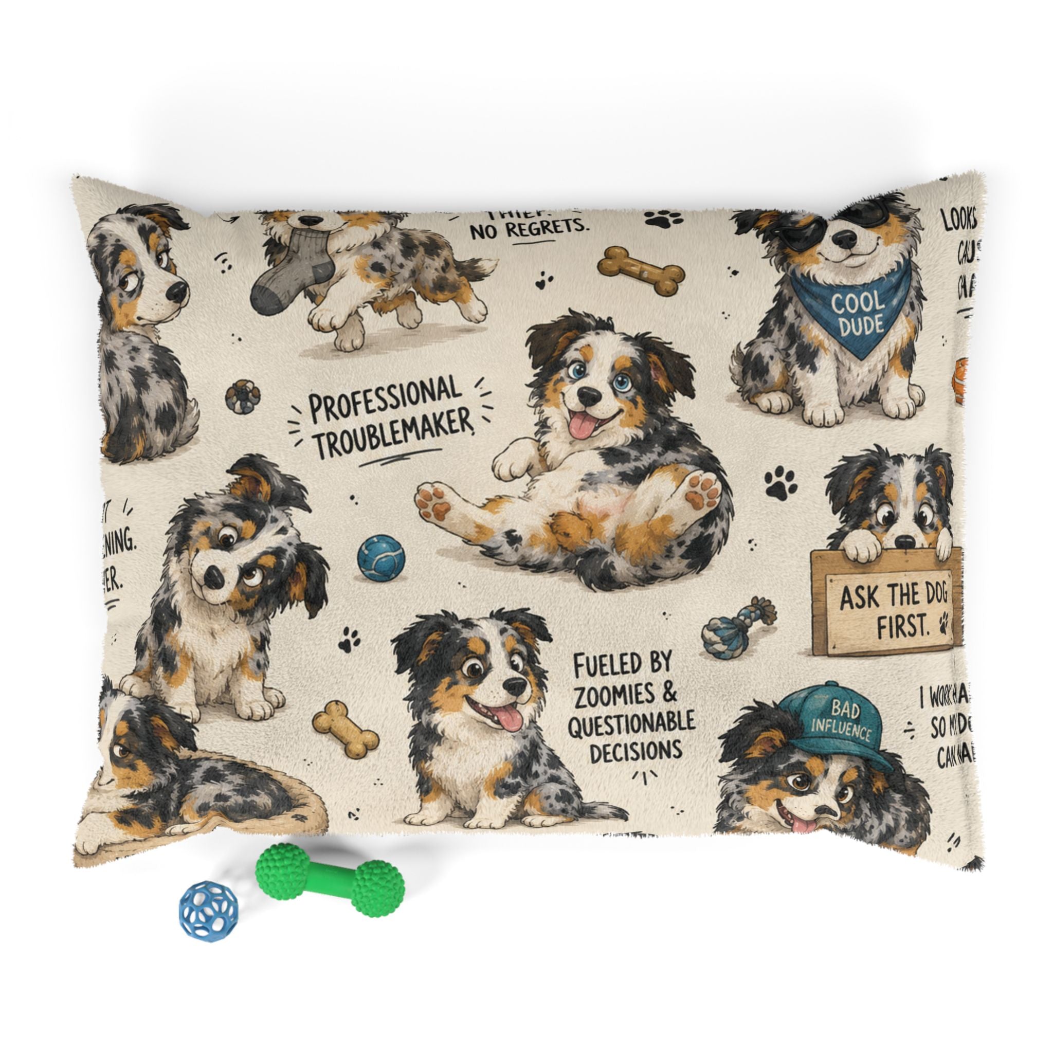 Australian Shepherd Pet Bed — Cute Cartoon Dogs with Sayings