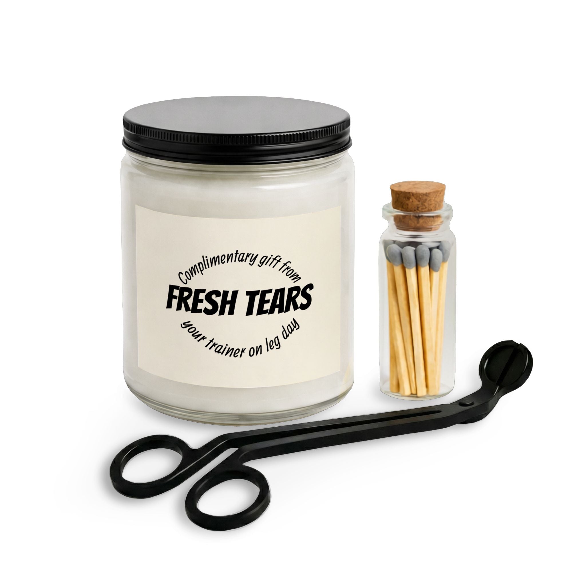 Funny Gym Trainer Candle Set with Matches & Wick Trimmer — Gym Humor, “Pain” Scent