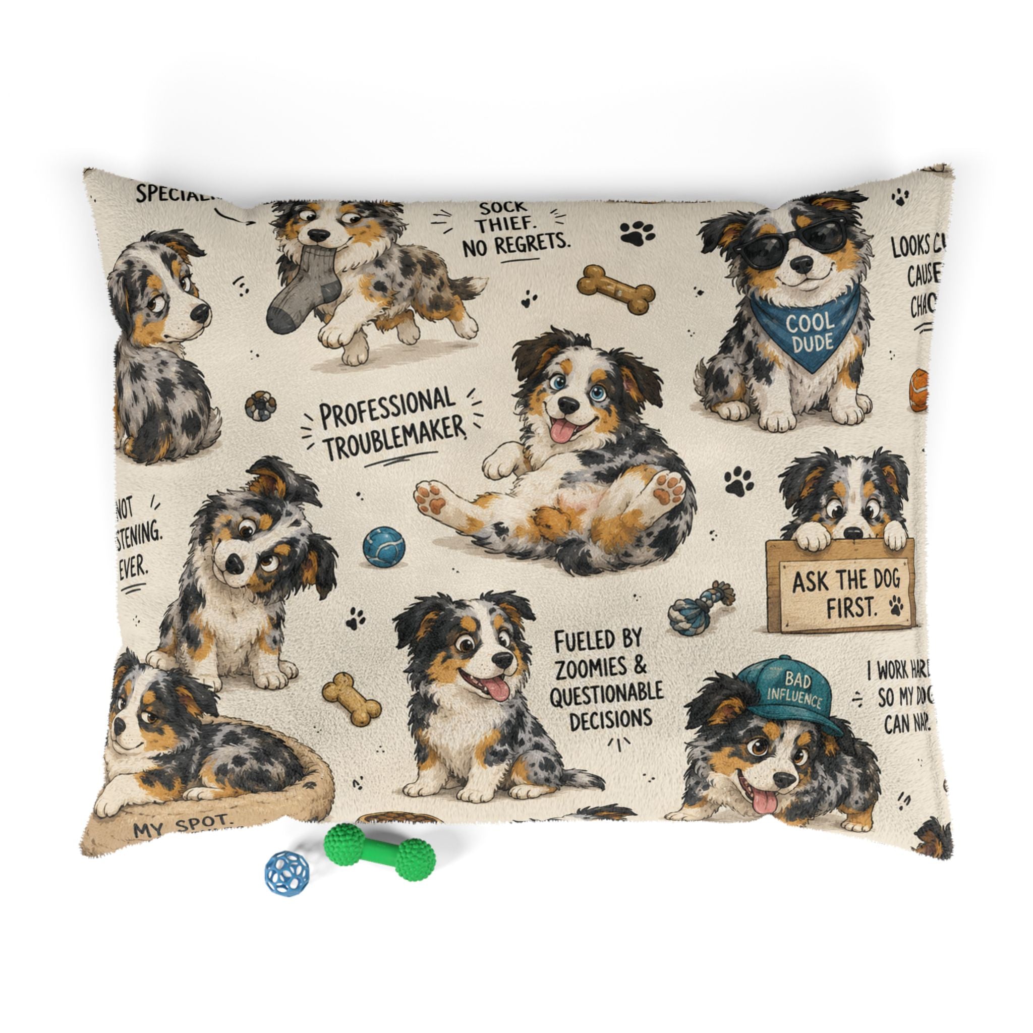 Australian Shepherd Pet Bed — Cute Cartoon Dogs with Sayings