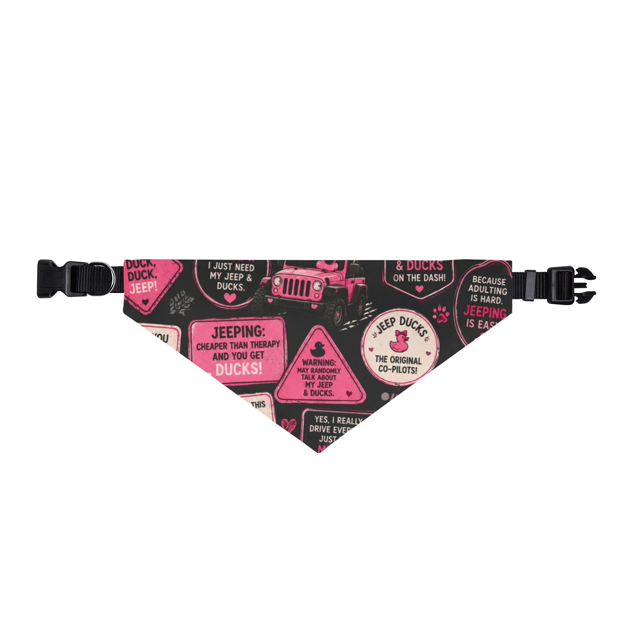 Clip-On Pet Bandana — Pink Jeeping Badges Pattern